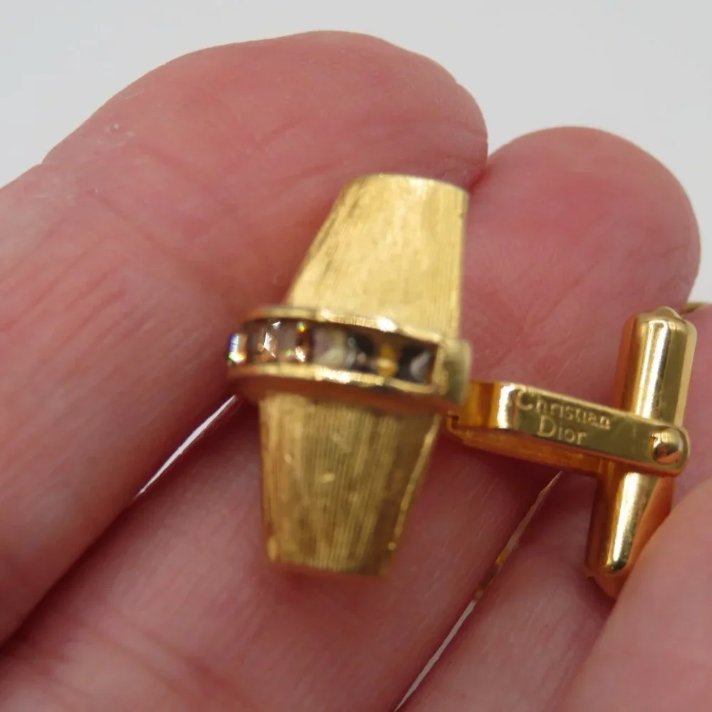 Christian Dior Vintage Art Deco Cufflinks and Tie Tac Set Gold Tone Rhinestone
